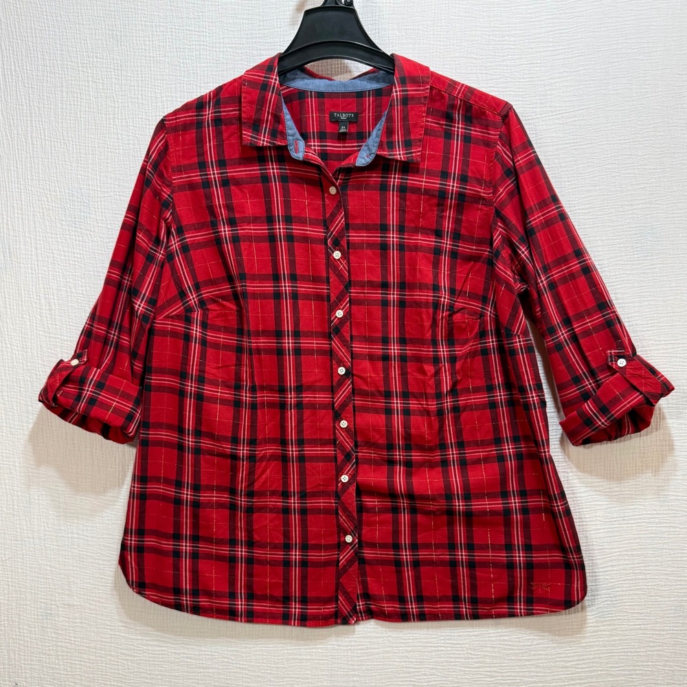 Talbots‎ Button Front Shirt Womens 2X Red Plaid Metallic Roll Tab Sleeve